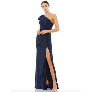 MAC DUGGAL Dress Size 10 Evening Gown Navy NEW Ruffled One Shoulder Draped